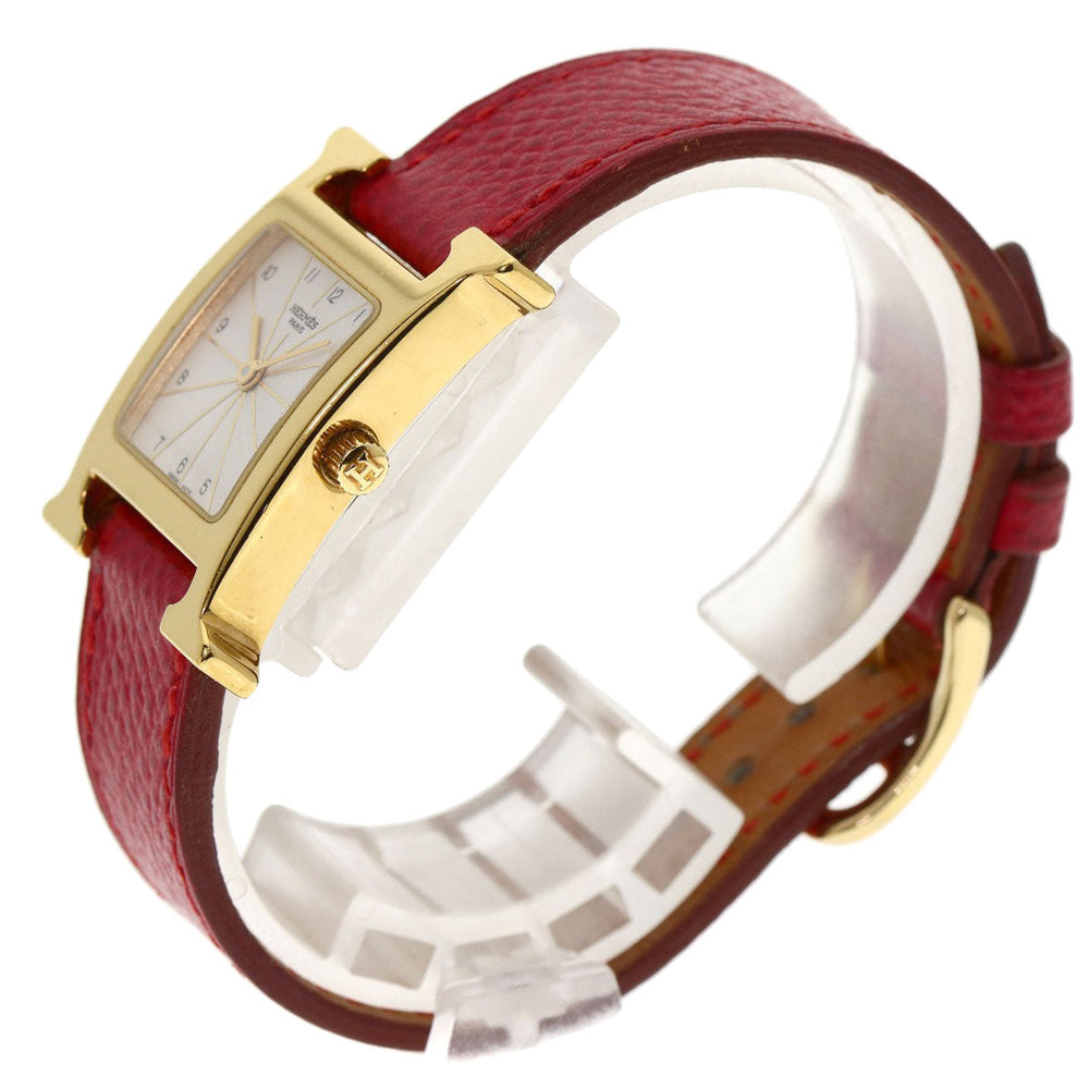 HERMES Watches Quartz HH1.201 Gold Plated, Leather gold H watch Silver dial Women Used Authentic