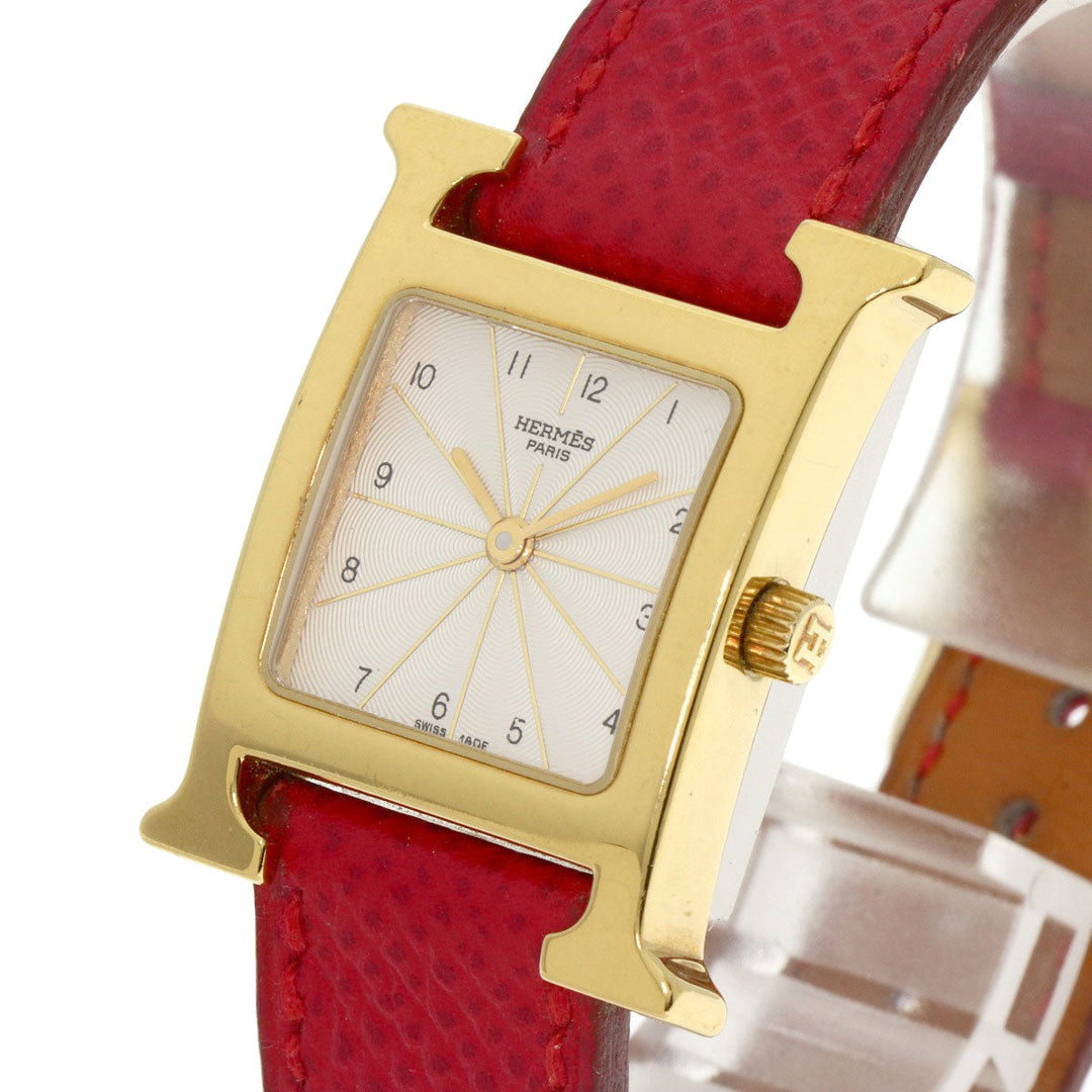 HERMES Watches Quartz HH1.201 Gold Plated, Leather gold H watch Silver dial Women Used Authentic
