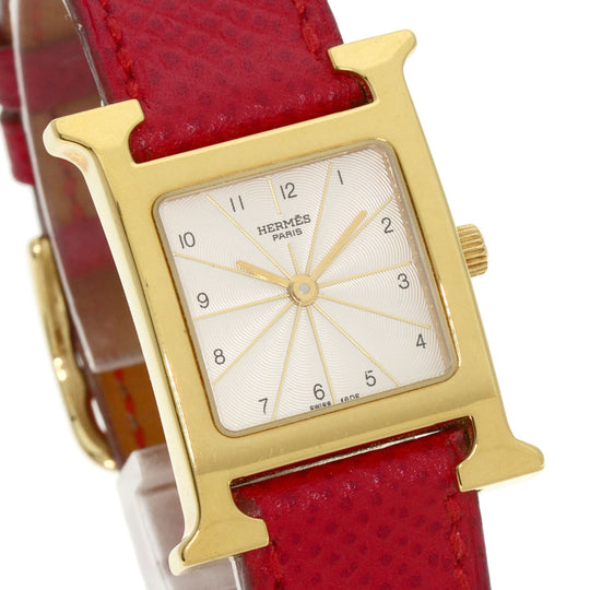 HERMES Watches Quartz HH1.201 Gold Plated, Leather gold H watch Silver dial Women Used Authentic