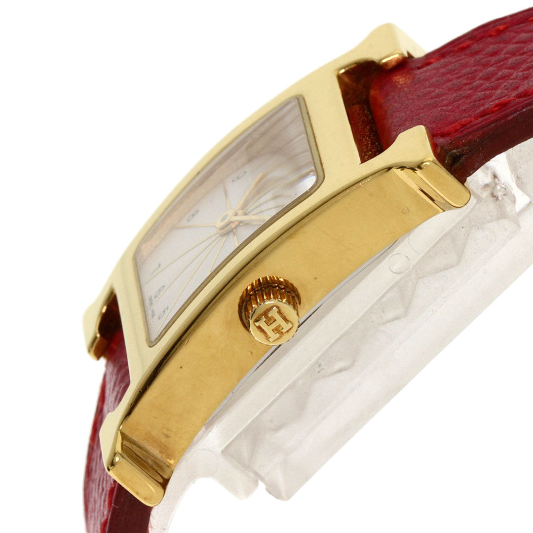 HERMES Watches Quartz HH1.201 Gold Plated, Leather gold H watch Silver dial Women Used Authentic