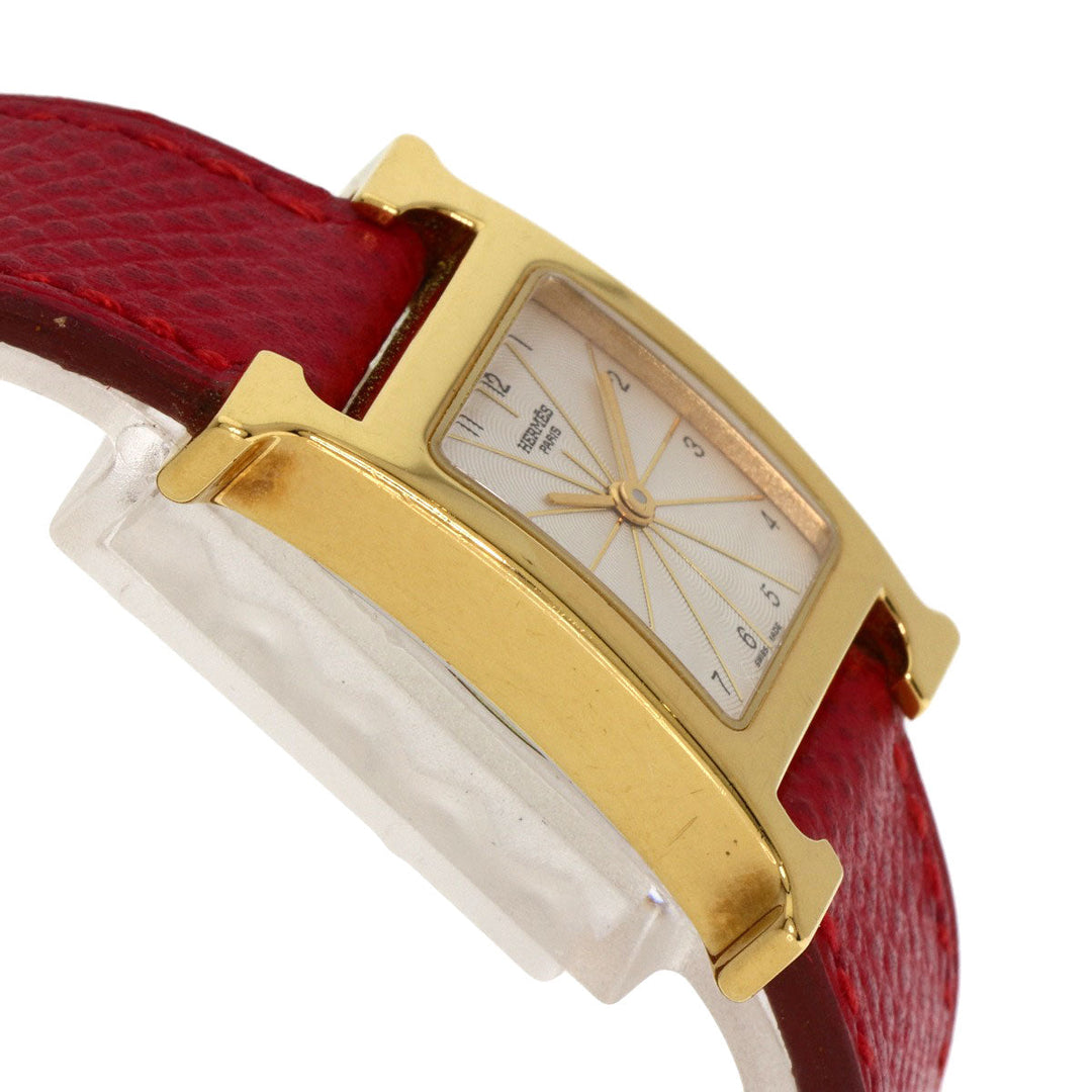 HERMES Watches Quartz HH1.201 Gold Plated, Leather gold H watch Silver dial Women Used Authentic