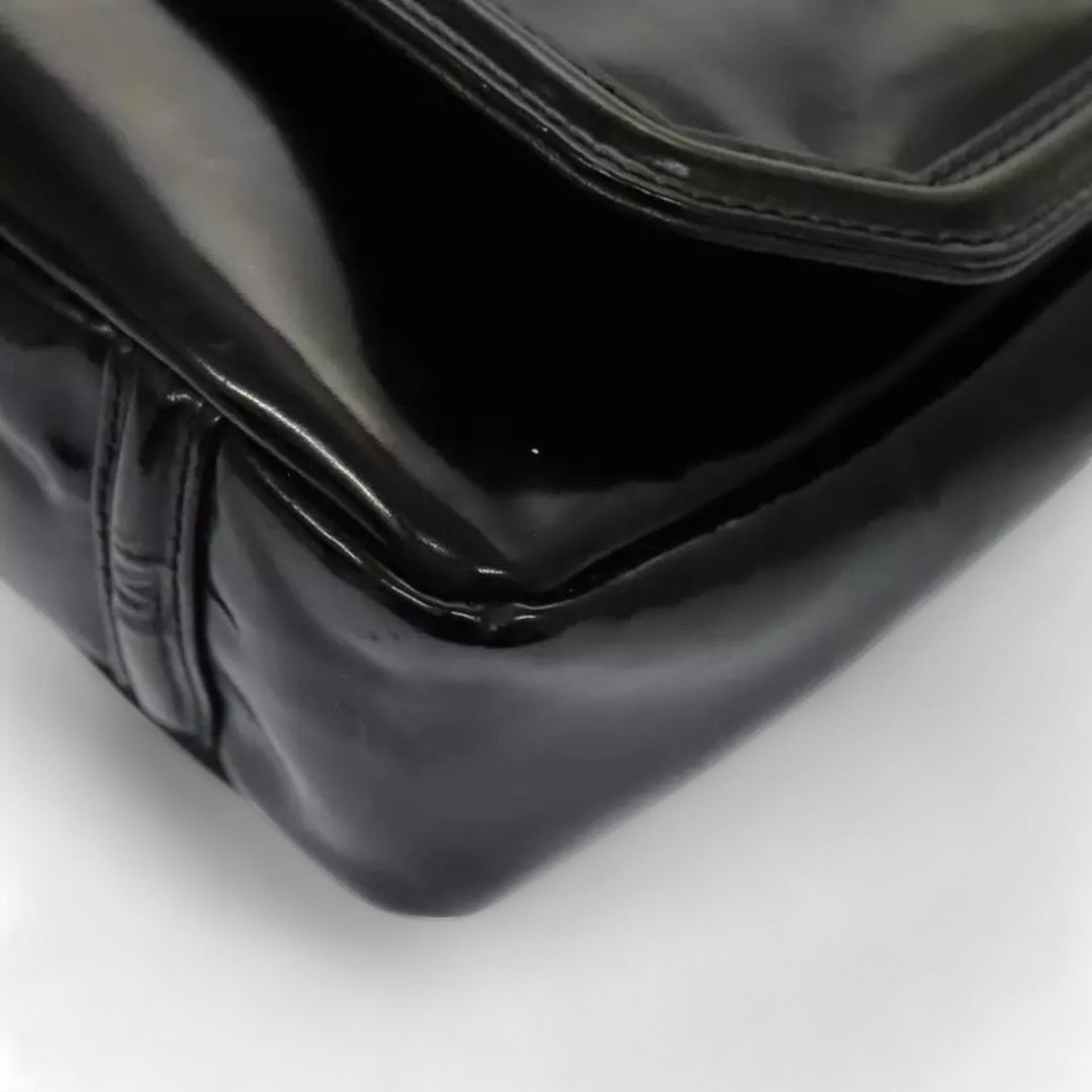 CHANEL Chain Shoulder Bag Patent Leather Black Silver CC