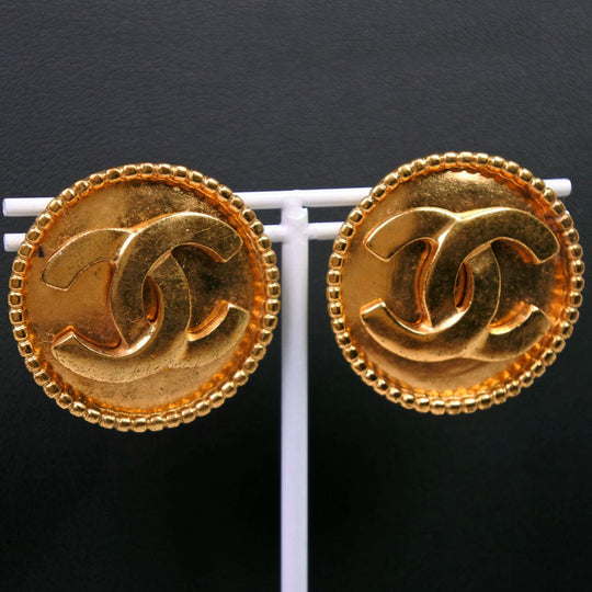 CHANEL Earring Plated Gold, Color Stone gold COCO Mark Women Used Authentic