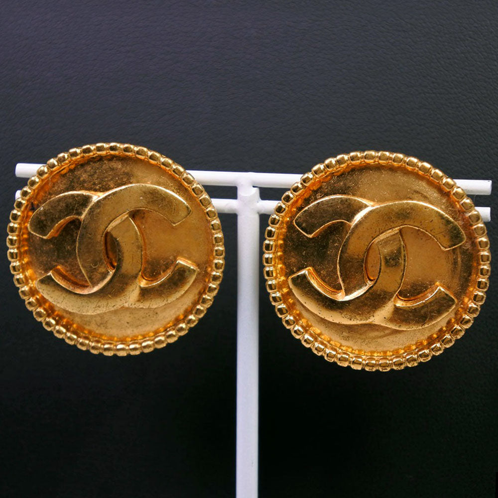CHANEL Earring Plated Gold, Color Stone gold COCO Mark Women Used Authentic