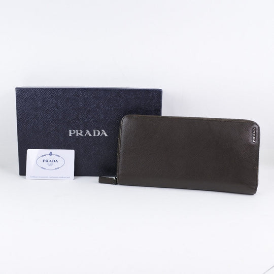 PRADA Long Wallet Purse 2ML220 Safiano Brown Brown Zip Around Women Used Authentic
