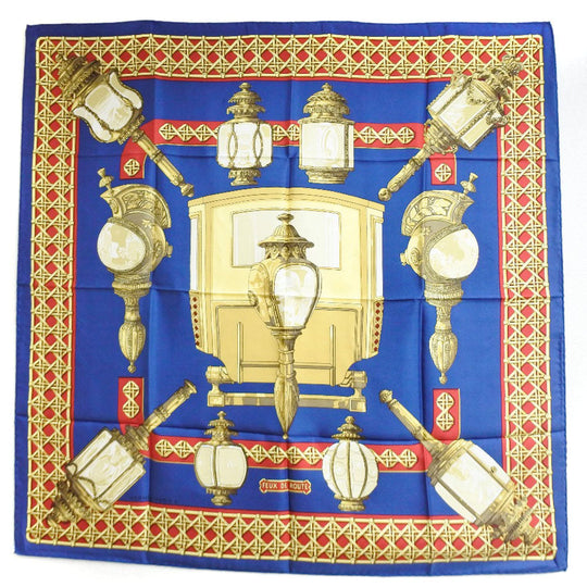 HERMES scarf silk Red / yellow / blue FEUX DE ROUTE Carre90 Women Used Authentic