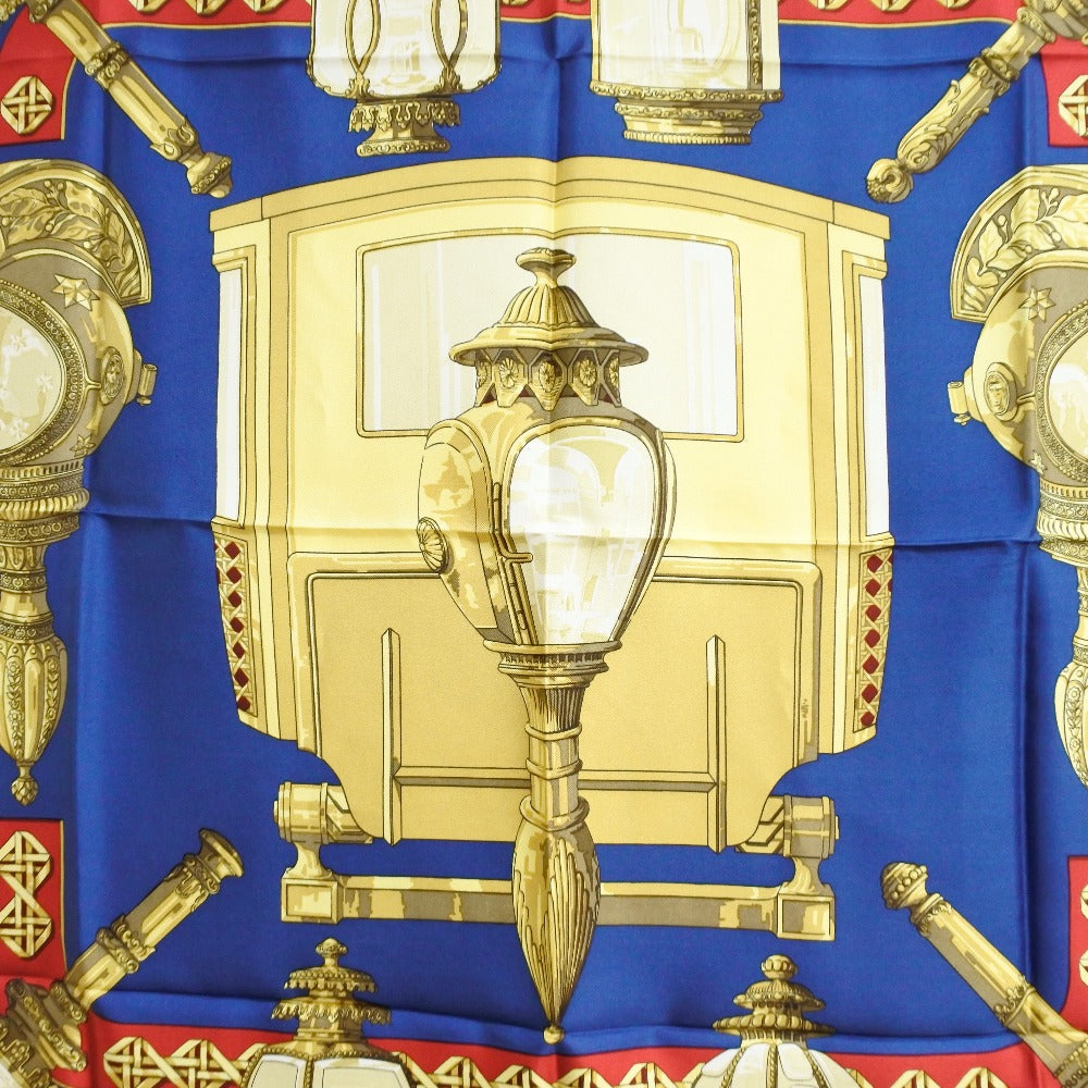 HERMES scarf silk Red / yellow / blue FEUX DE ROUTE Carre90 Women Used Authentic