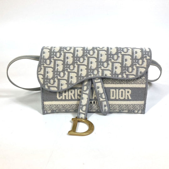 Dior Waist bag Jacquard gray Embroidery Oblique SADDLE saddle slim pouch mens Used Authentic