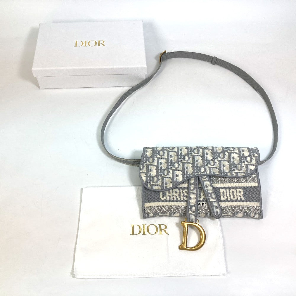Dior Waist bag Jacquard gray Embroidery Oblique SADDLE saddle slim pouch mens Used Authentic