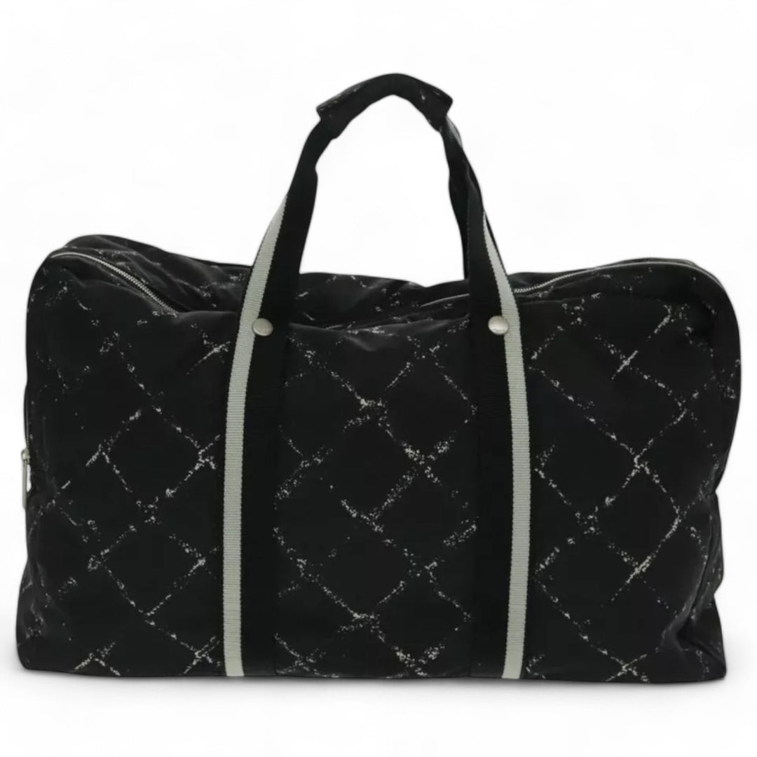 Chanel Travel Line Boston Bag Nylon Black Silver Unisex Large Tote Travel Bag