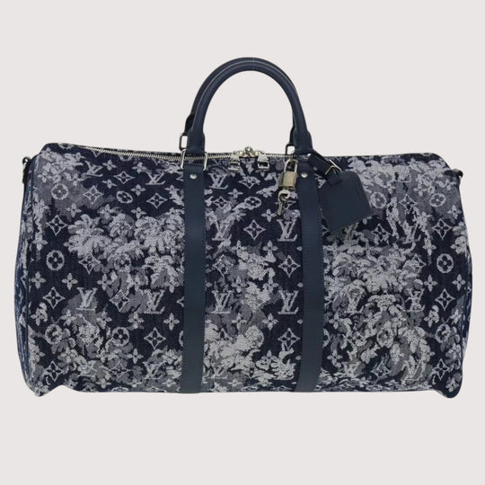 Louis Vuitton Monogram Tapestry Keepall Bandouliere 50 Boston Bag Blue Denim Unisex Travel Handbag