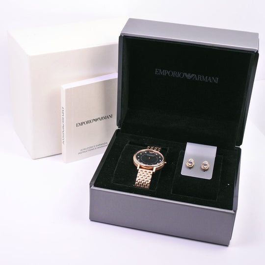 Emporio Armani Watches Quartz AR-80043 Stainless Steel Pink gold Pierce set Black shell dial Women Used Authentic