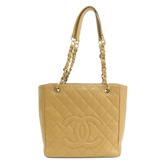 CHANEL Tote Bag Grained Calfskin Skin beige Chain Bag Matelasse Gold Metal Women Used Authentic