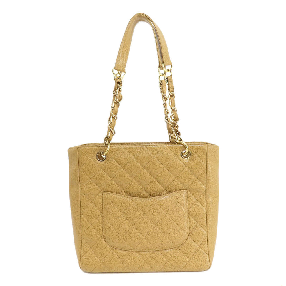 CHANEL Tote Bag Grained Calfskin Skin beige Chain Bag Matelasse Gold Metal Women Used Authentic