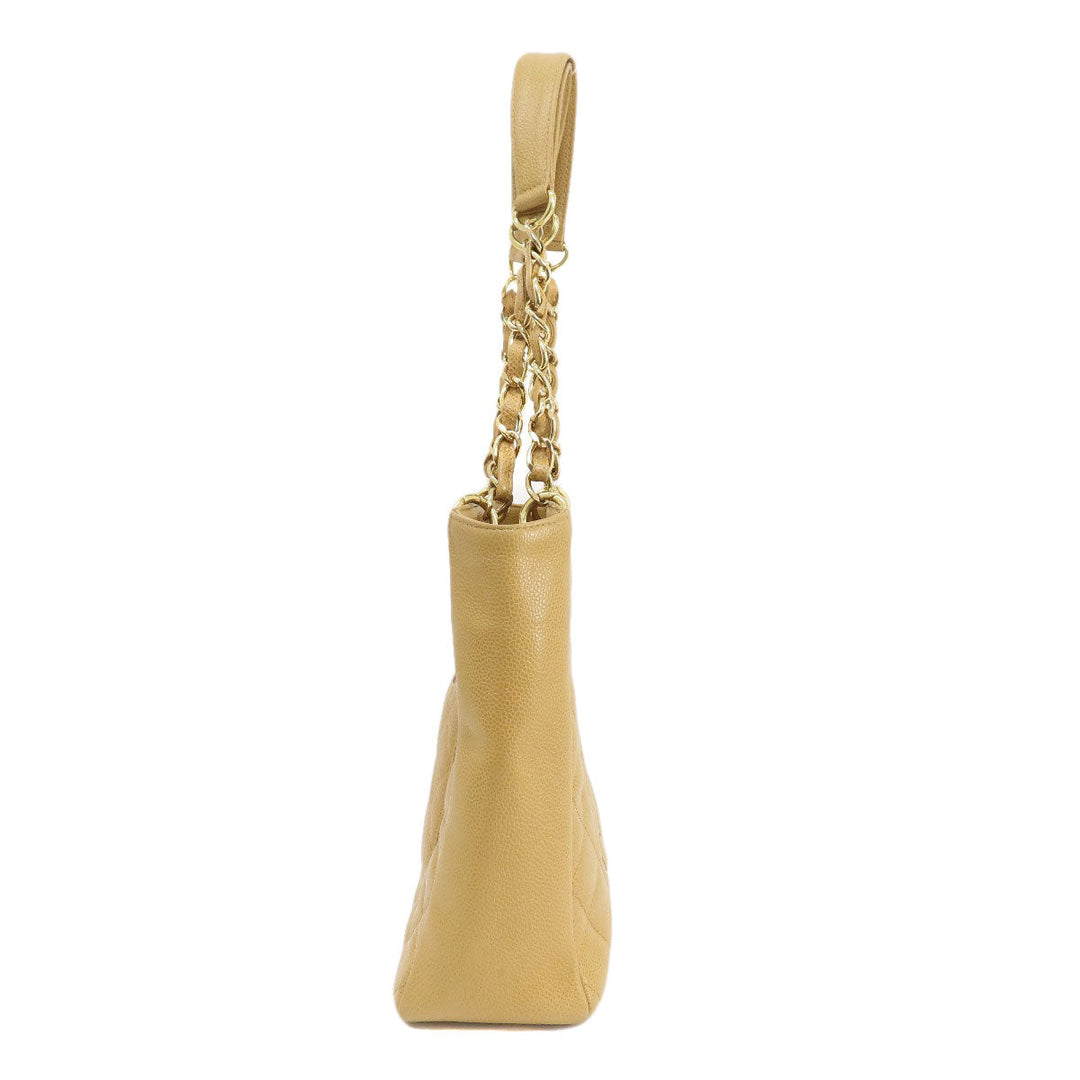 CHANEL Tote Bag Grained Calfskin Skin beige Chain Bag Matelasse Gold Metal Women Used Authentic