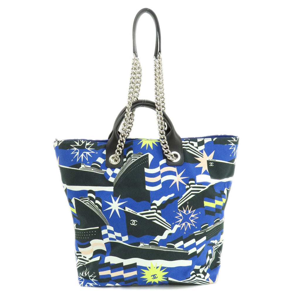 CHANEL Tote Bag canvas blue 2019 Cruise Collection Marine Chain SilverMetal Women Used Authentic