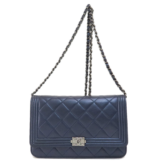 CHANEL Long Wallet Purse lambskin Navy Chain Wallet Boy Chanel SilverMetal