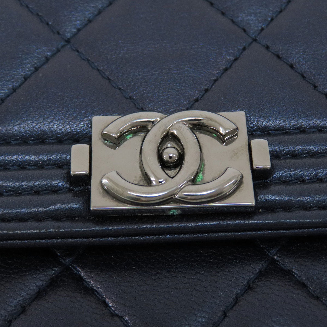 CHANEL Long Wallet Purse lambskin Navy Chain Wallet Boy Chanel SilverMetal