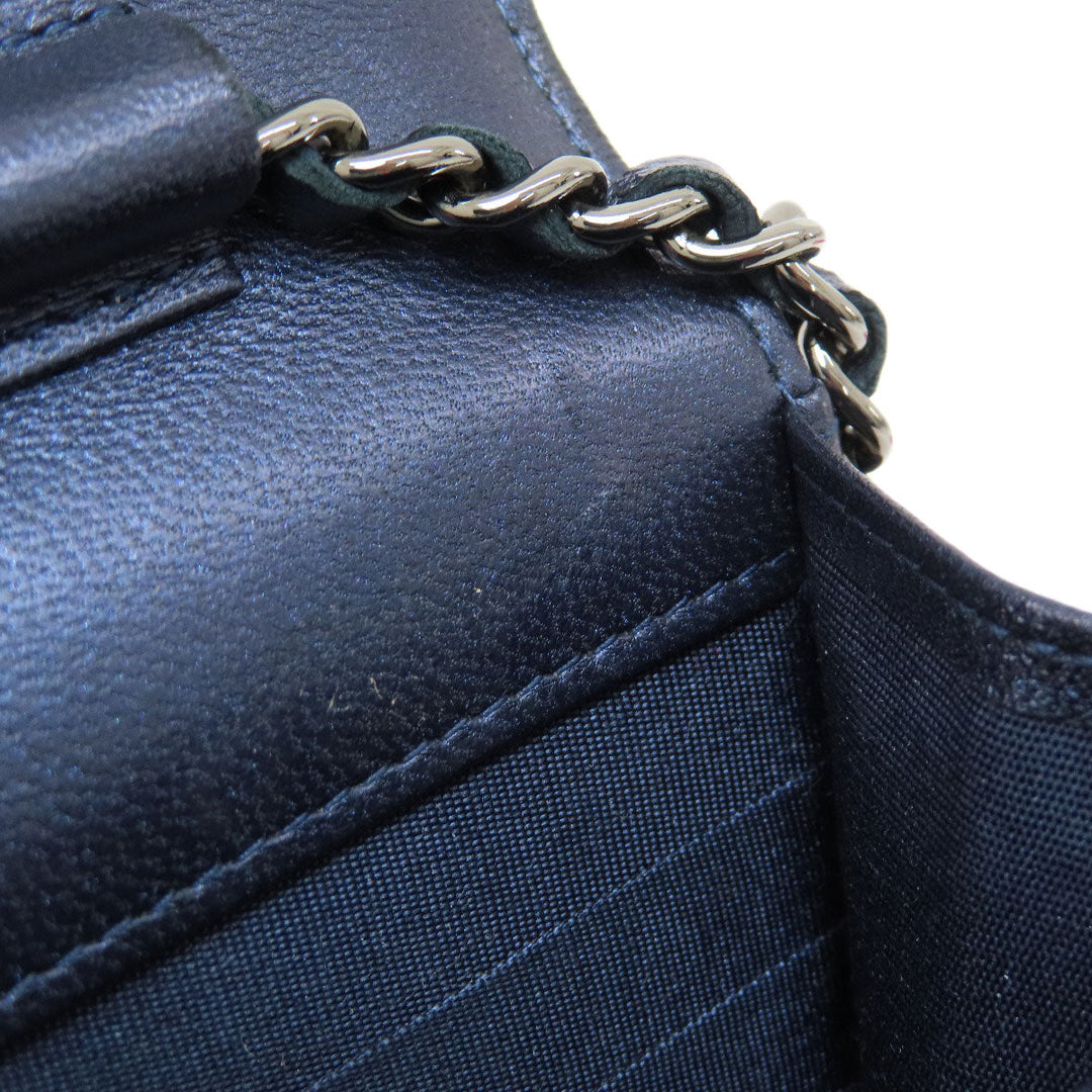 CHANEL Long Wallet Purse lambskin Navy Chain Wallet Boy Chanel SilverMetal