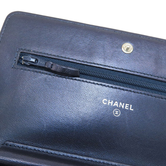 CHANEL Long Wallet Purse lambskin Navy Chain Wallet Boy Chanel SilverMetal