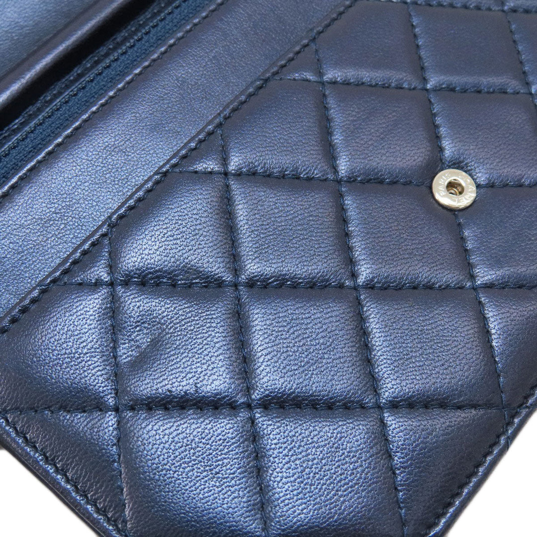 CHANEL Long Wallet Purse lambskin Navy Chain Wallet Boy Chanel SilverMetal