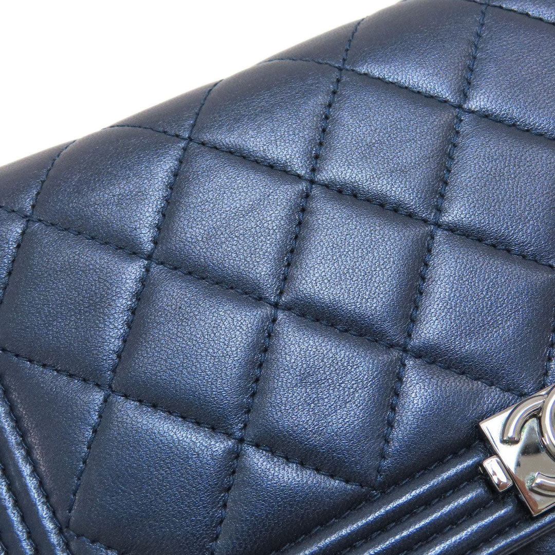 CHANEL Long Wallet Purse lambskin Navy Chain Wallet Boy Chanel SilverMetal