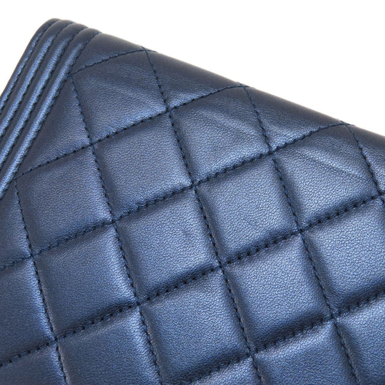 CHANEL Long Wallet Purse lambskin Navy Chain Wallet Boy Chanel SilverMetal