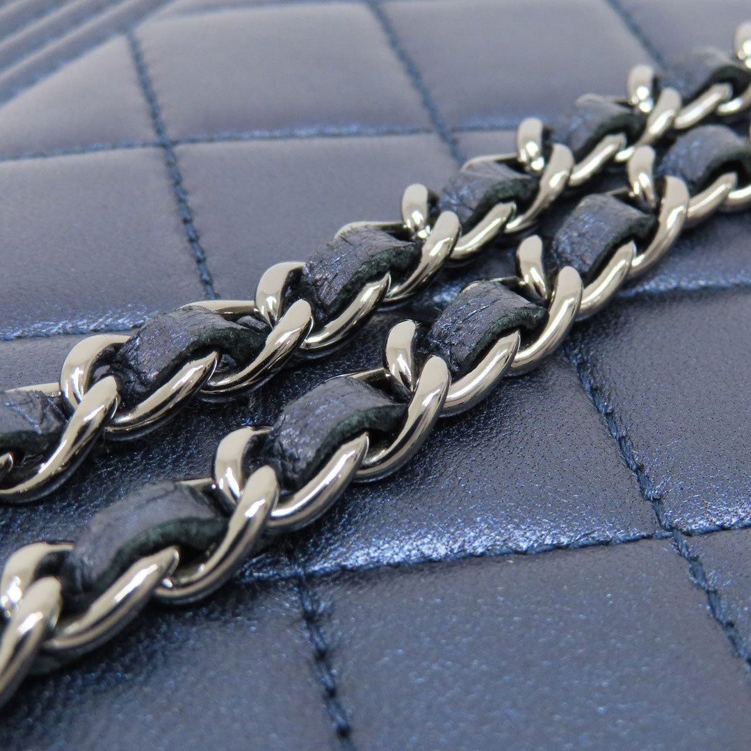 CHANEL Long Wallet Purse lambskin Navy Chain Wallet Boy Chanel SilverMetal