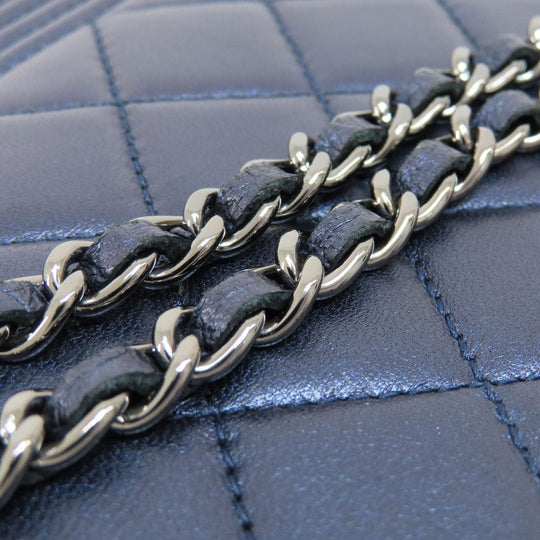 CHANEL Long Wallet Purse lambskin Navy Chain Wallet Boy Chanel SilverMetal
