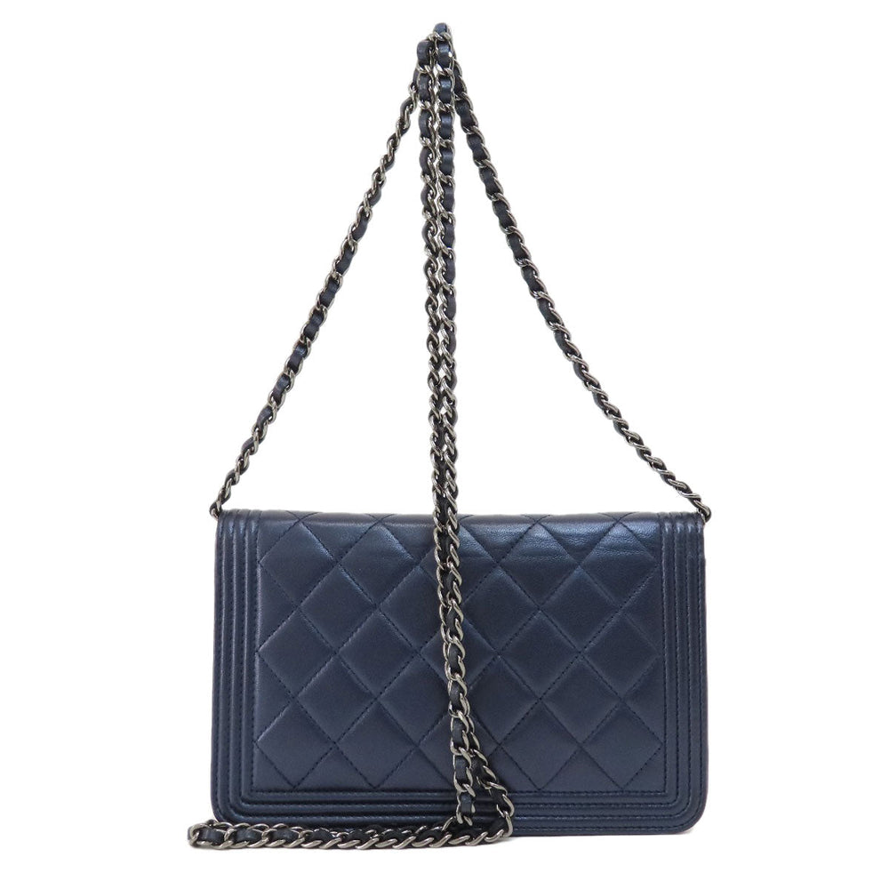 CHANEL Long Wallet Purse lambskin Navy Chain Wallet Boy Chanel SilverMetal