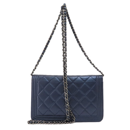 CHANEL Long Wallet Purse lambskin Navy Chain Wallet Boy Chanel SilverMetal