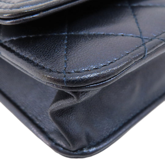 CHANEL Long Wallet Purse lambskin Navy Chain Wallet Boy Chanel SilverMetal