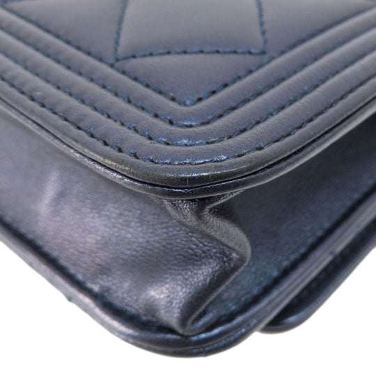 CHANEL Long Wallet Purse lambskin Navy Chain Wallet Boy Chanel SilverMetal