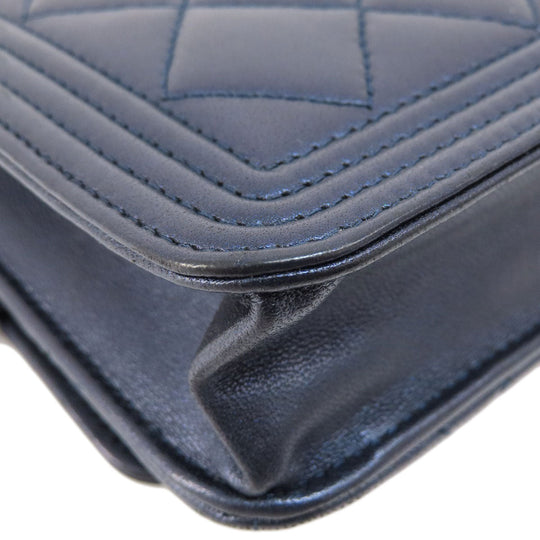 CHANEL Long Wallet Purse lambskin Navy Chain Wallet Boy Chanel SilverMetal