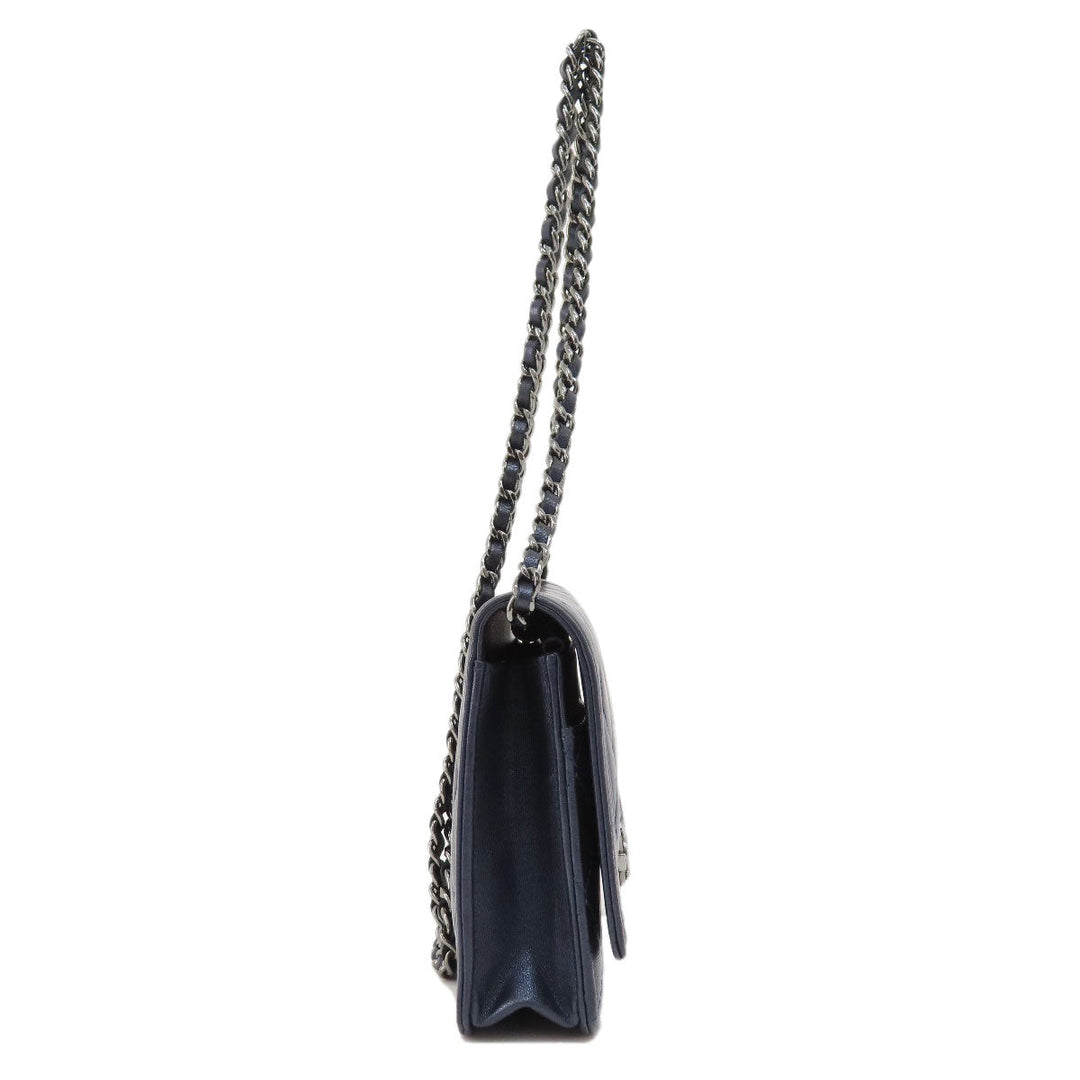 CHANEL Long Wallet Purse lambskin Navy Chain Wallet Boy Chanel SilverMetal