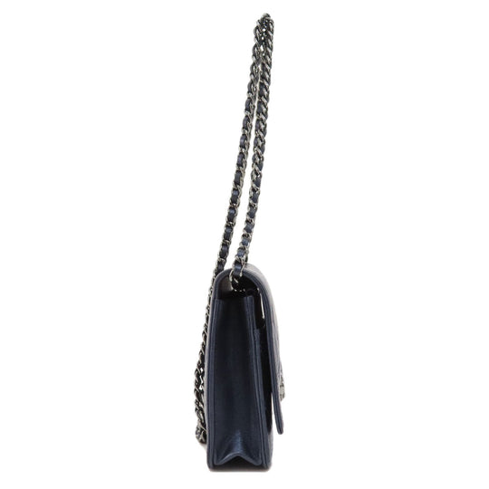 CHANEL Long Wallet Purse lambskin Navy Chain Wallet Boy Chanel SilverMetal