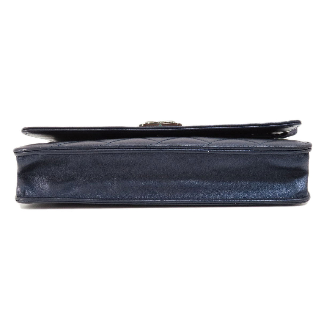 CHANEL Long Wallet Purse lambskin Navy Chain Wallet Boy Chanel SilverMetal