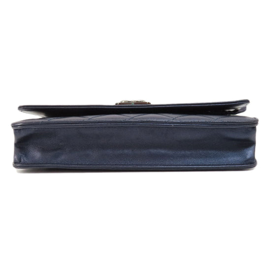 CHANEL Long Wallet Purse lambskin Navy Chain Wallet Boy Chanel SilverMetal