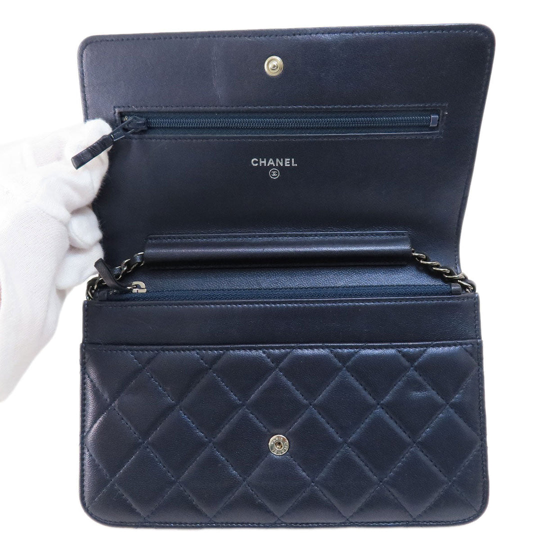 CHANEL Long Wallet Purse lambskin Navy Chain Wallet Boy Chanel SilverMetal