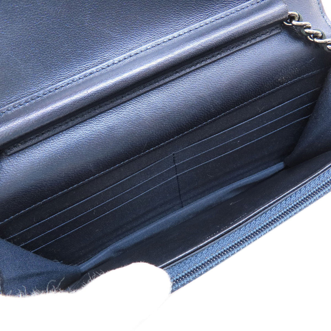 CHANEL Long Wallet Purse lambskin Navy Chain Wallet Boy Chanel SilverMetal