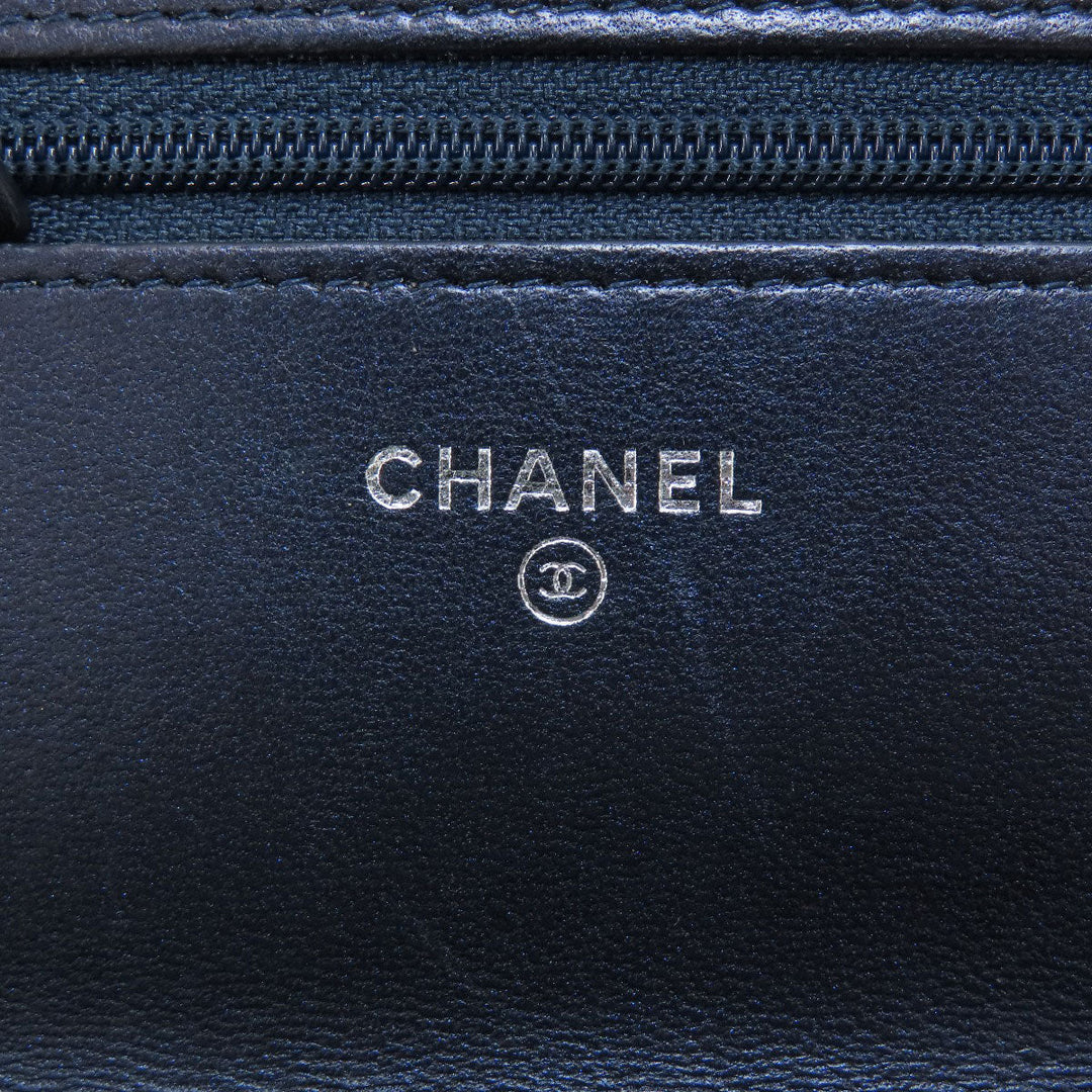 CHANEL Long Wallet Purse lambskin Navy Chain Wallet Boy Chanel SilverMetal