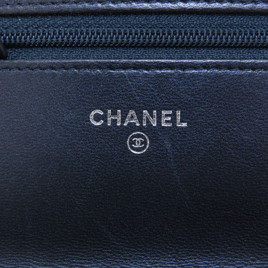 CHANEL Long Wallet Purse lambskin Navy Chain Wallet Boy Chanel SilverMetal