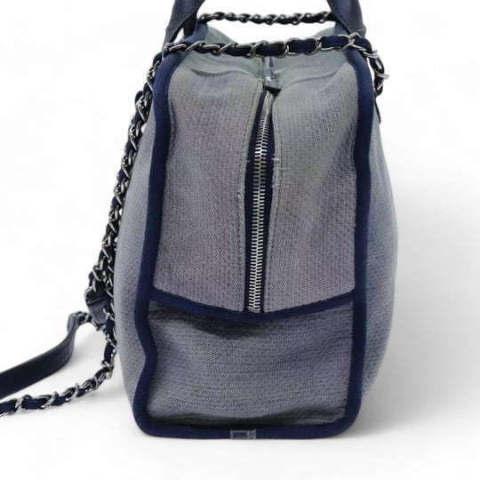 Chanel Deauville Shoulder Bag Canvas Navy Blue Women Handbag Chain Strap
