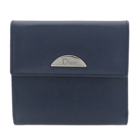 Christian Dior Bifold Wallet leather Navy logoMetal Women Used Authentic