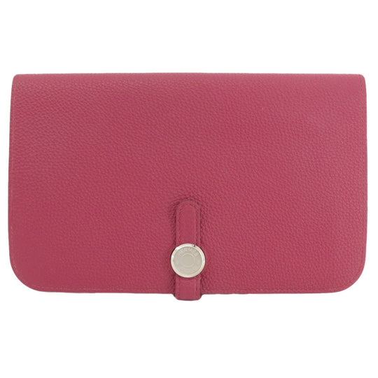 HERMES Long Wallet Purse Togo Red Dogon GM Silver Metal Women Used Authentic