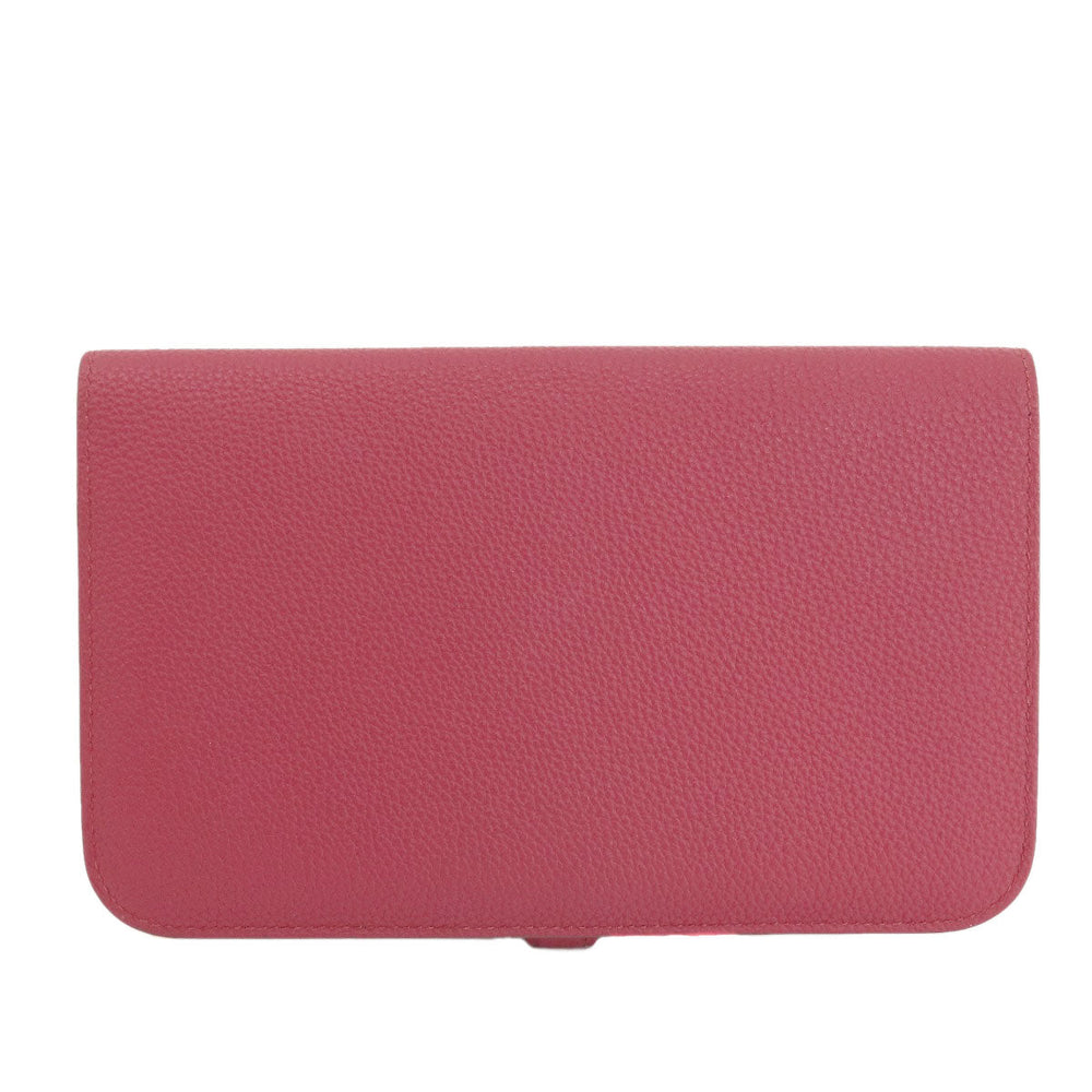 HERMES Long Wallet Purse Togo Red Dogon GM Silver Metal Women Used Authentic