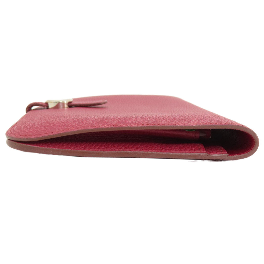 HERMES Long Wallet Purse Togo Red Dogon GM Silver Metal Women Used Authentic