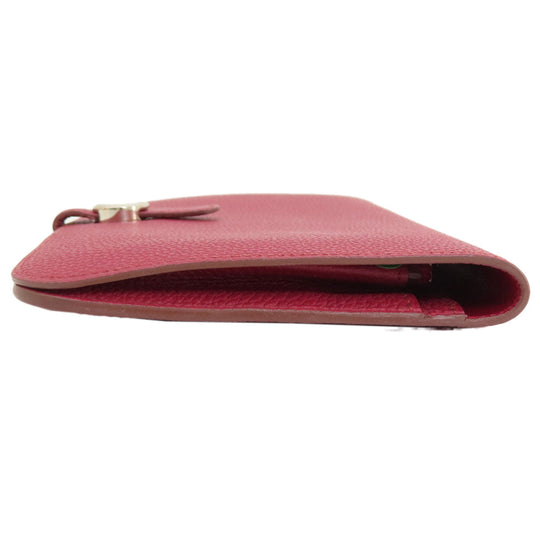 HERMES Long Wallet Purse Togo Red Dogon GM Silver Metal Women Used Authentic