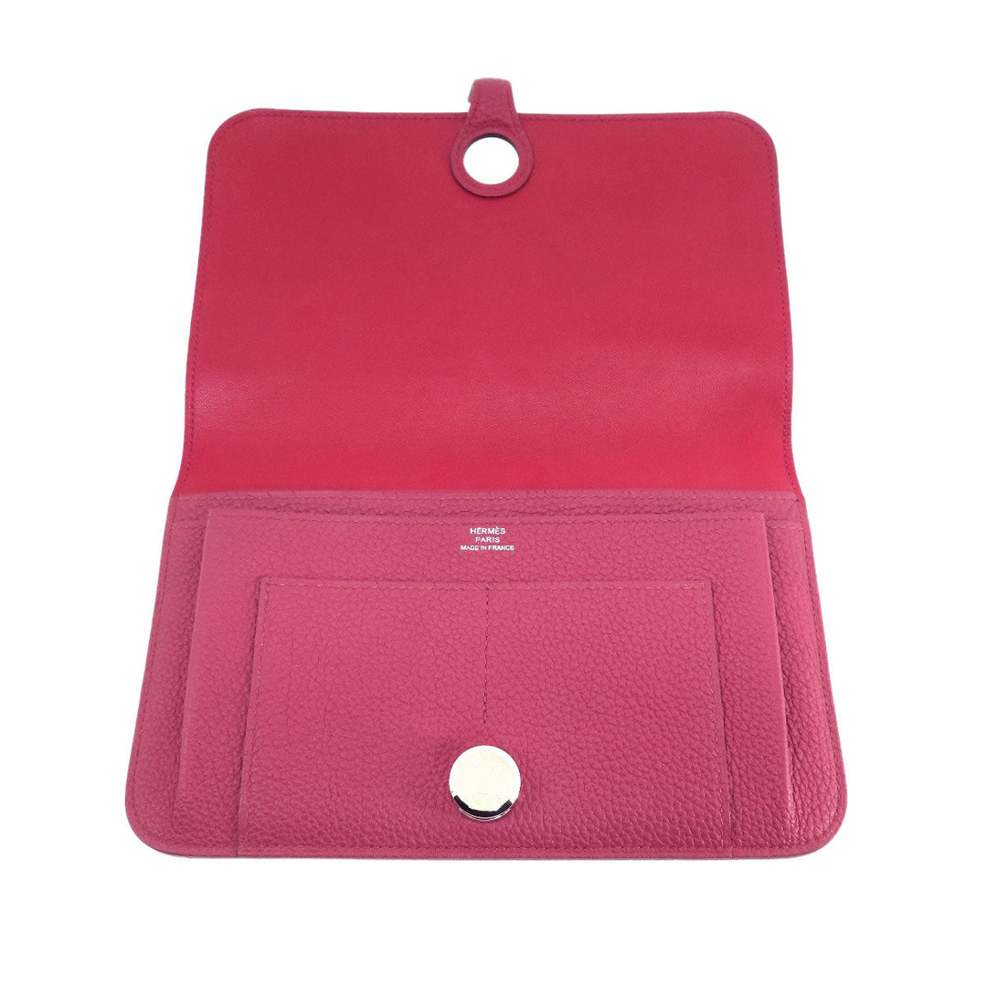 HERMES Long Wallet Purse Togo Red Dogon GM Silver Metal Women Used Authentic