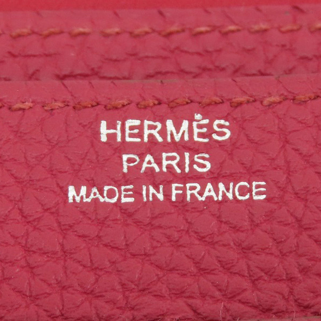 HERMES Long Wallet Purse Togo Red Dogon GM Silver Metal Women Used Authentic